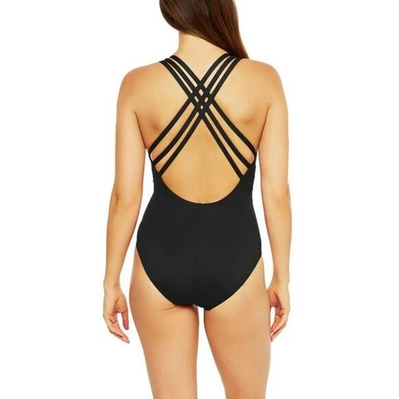 LA Blanca Plunge Front X Criss Cross Strappy Back One Piece Bathing Suit Black S - Picture 2 of 11